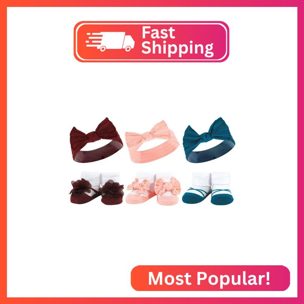 Hudson Baby Infant Girl Headband and Socks Giftset, Burgundy Teal, One Size