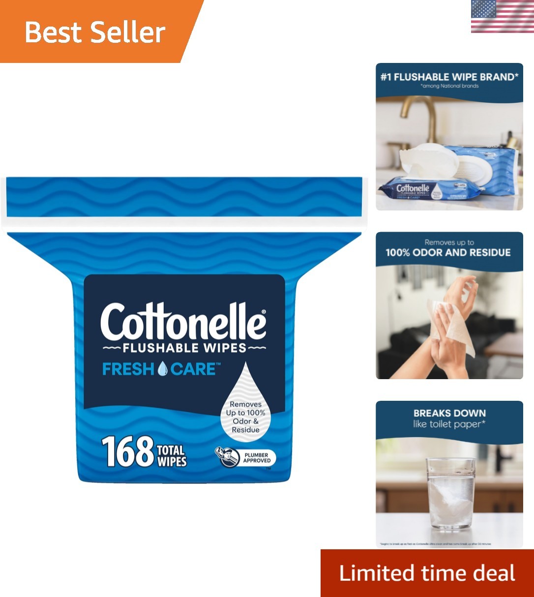 Fresh Care Flushable Wet Wipes, Adult Wet Wipes, 1 Refill Pack, 168 Wipes Per...