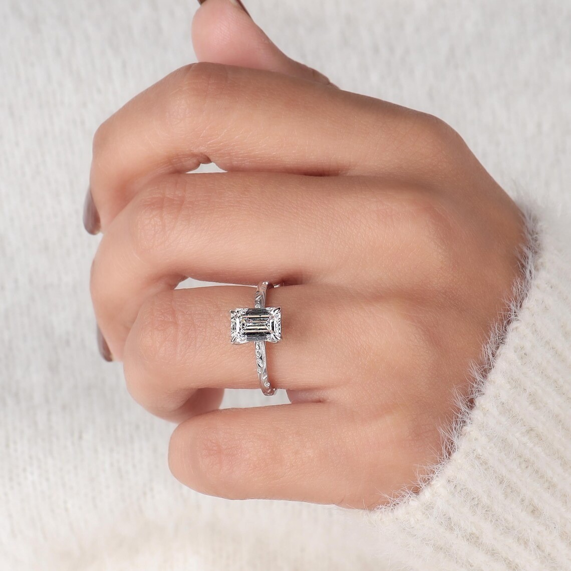 2 CT Emerald Cut Solitaire VVS1 Moissanite Engagement Ring Solid 14K White Gold