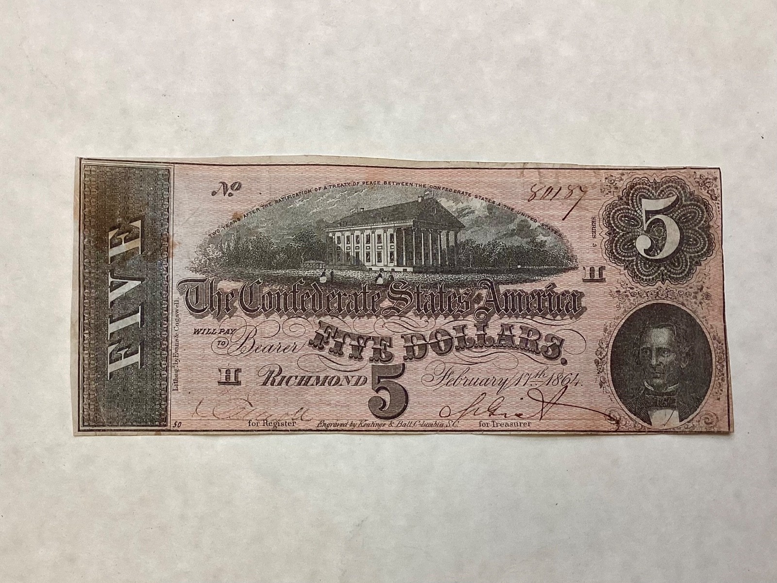 ~1864 Confederate States of America $5 Five Dollars - Civil War Note