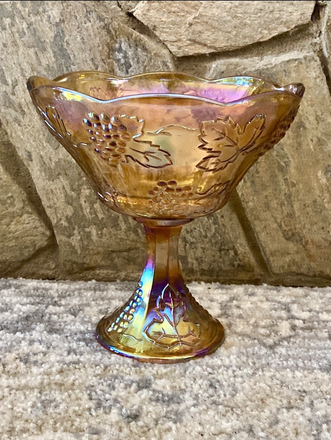 Vintage Carnival Glass Marigold Grape Leaf Iridescent Pedestal Bowl 