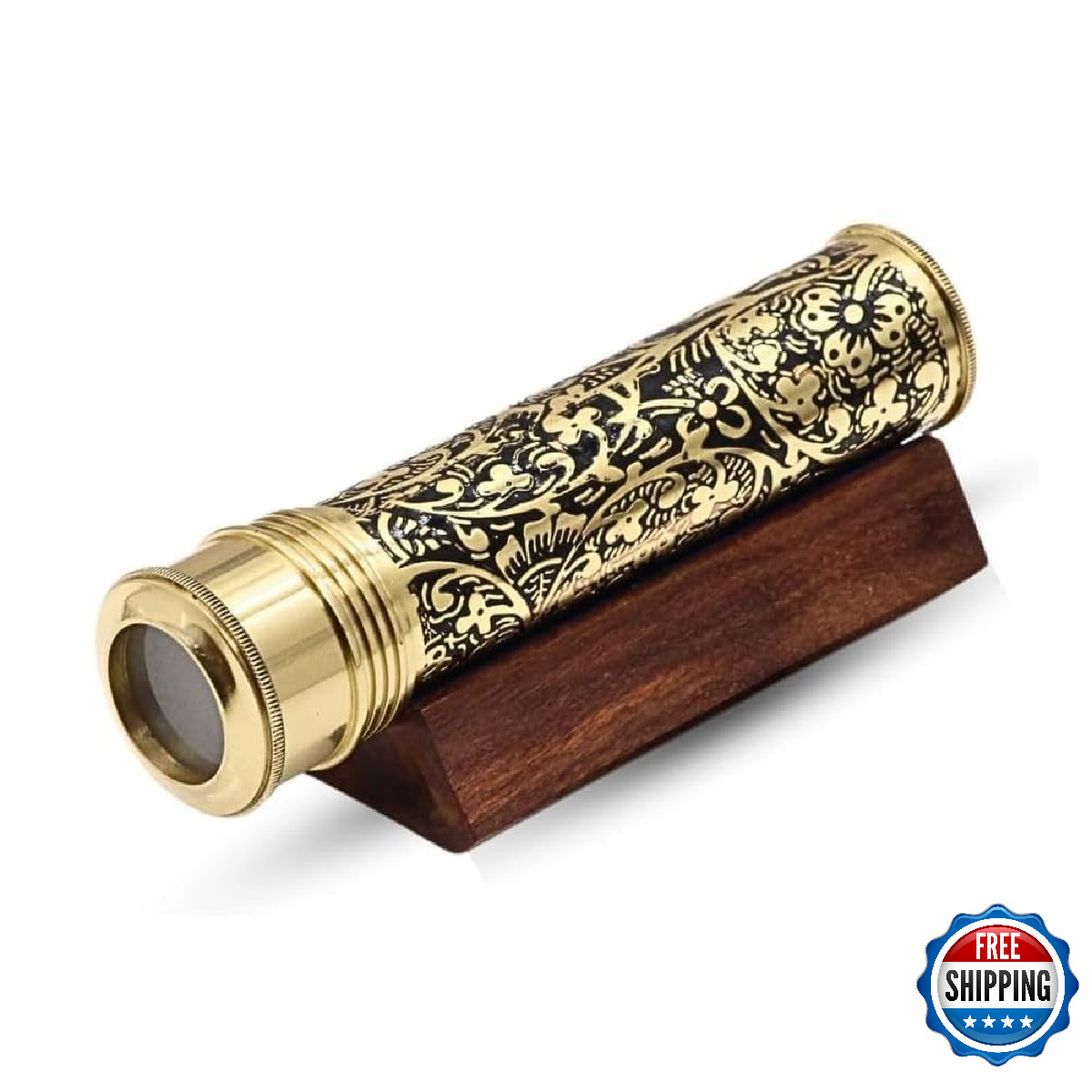 Handmade Kaleidoscope - Etched Brass, Three-Mirror System, Lampwork Glass