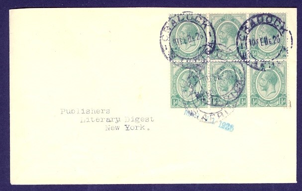 SOUTH AFRICA ½D KGV BLK OF 6 1926 TO USA