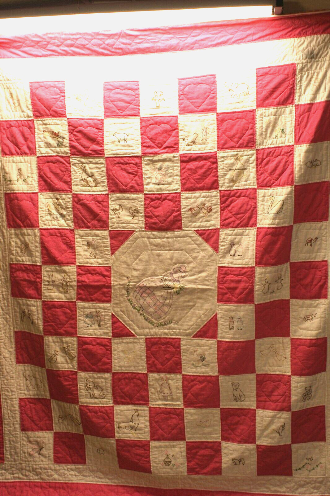 Q#53, Contemporary Quilt, Hand Quilted, Pink, Embroidered Animals, 64 X 80 in.