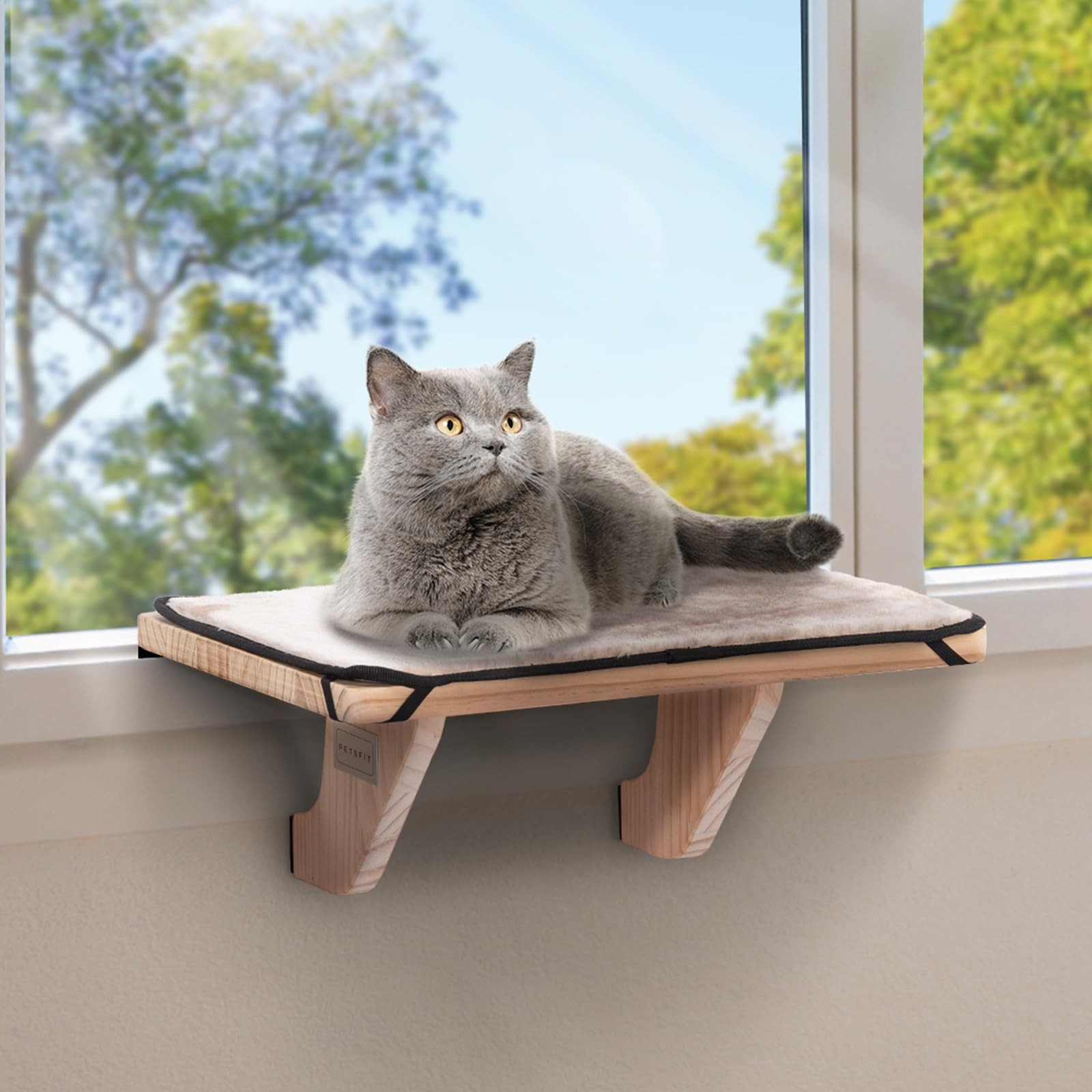 PETSFIT Cat Window Perch Hammock, Solid Wood, Removable Fleece Mat, 40lbs Max