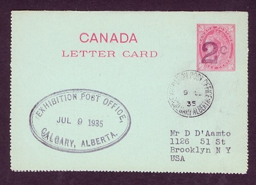 CANADA 1935 CALGARY EXHIBITION CANCELS 2c LEAF OVPT LETTERCARD
