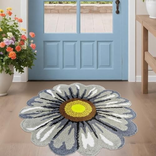 Daisy Bathroom Rug Doormat - 3Ft Round Floral Bathmat, Circle Plush Floor Mat 