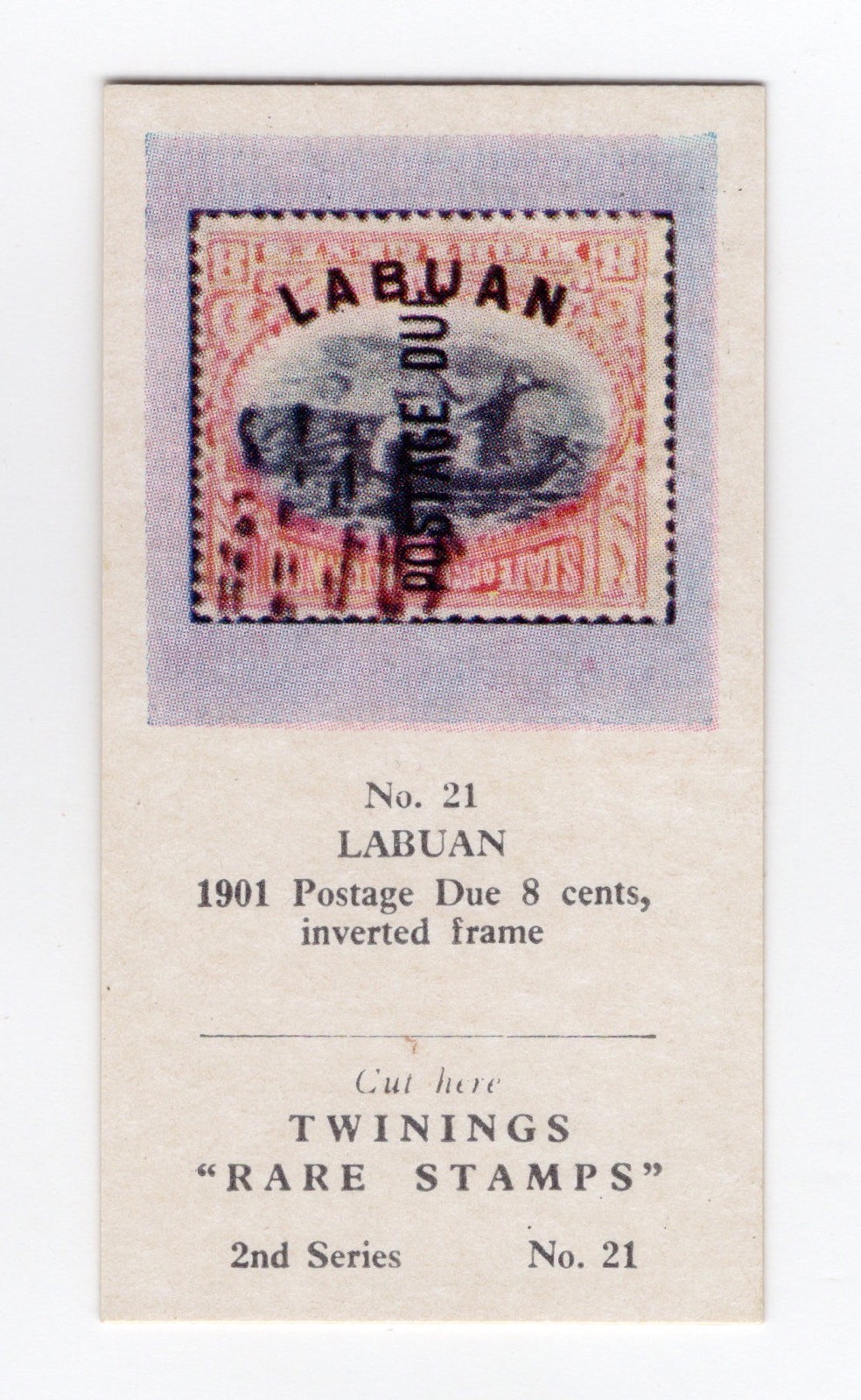 Twinings Tea Rare Stamps “CARD” 1960 #21 Labuan 1901 Postage due 8c inverted