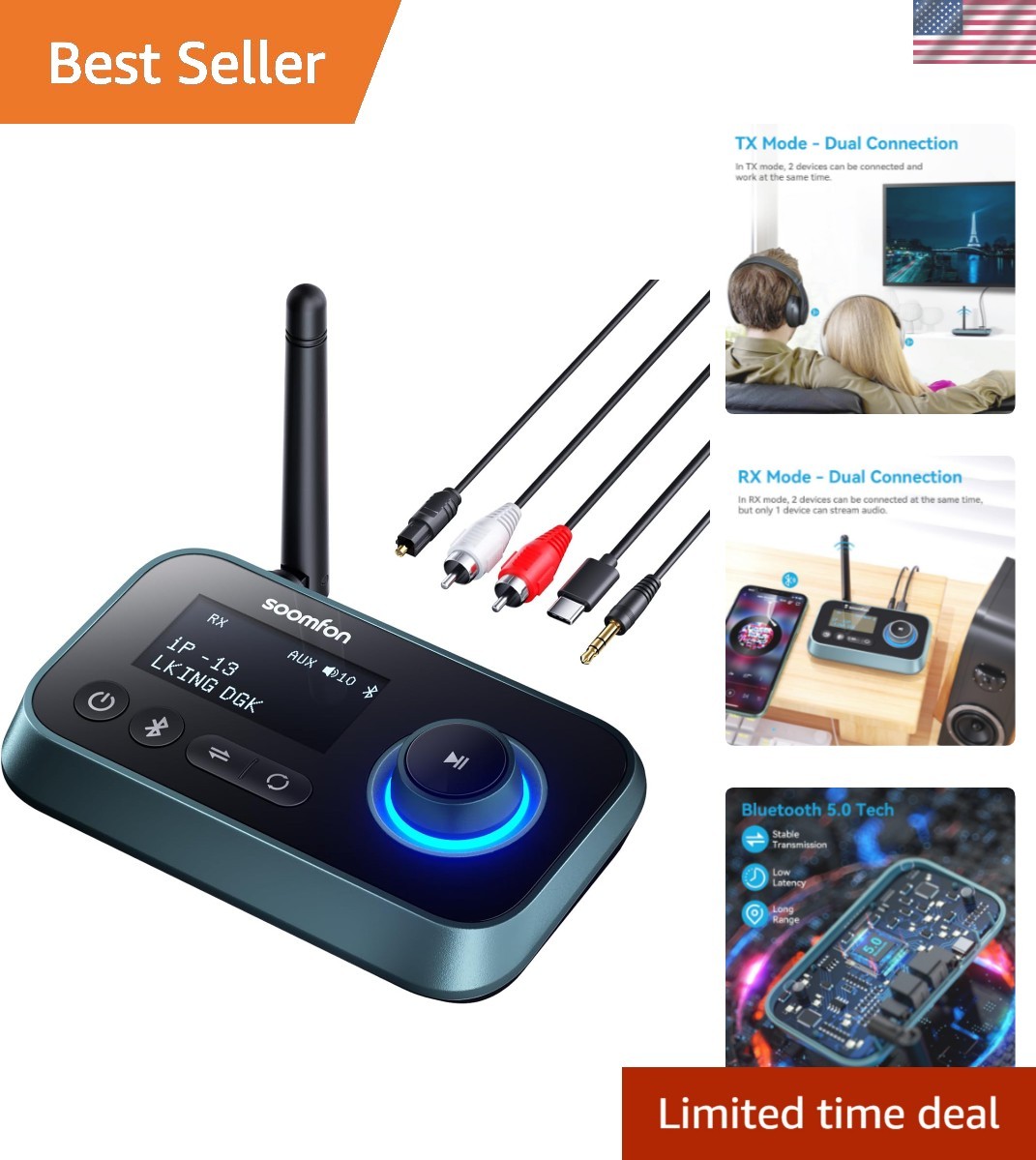 State-of-the-Art Bluetooth Transmitter for TV - 10-30M Range & LCD Indicator