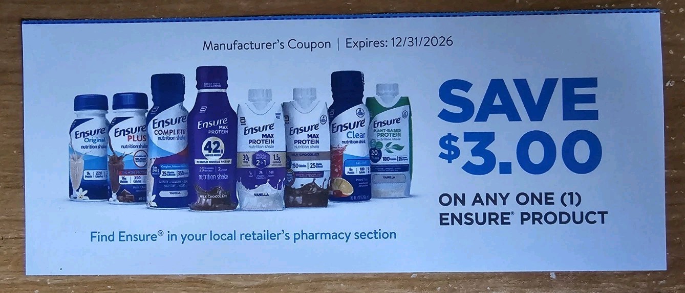 (10) Ensure $3 Manufacturer's Coupon Good On Any 1 Ensure Product Exp 12/31/2026