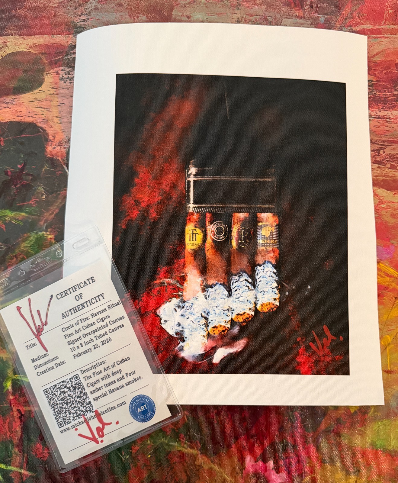 Circle Of Fire: Havana Ritual Cuban Cigar Art 10 x 8  signed canvas