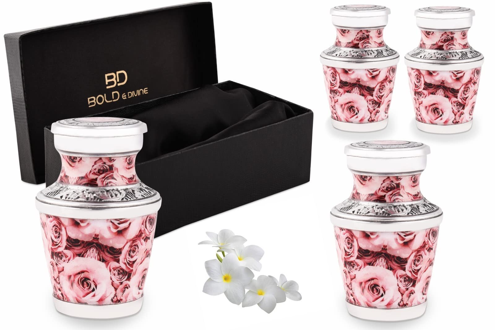 Pink Rose Keepsake Urn, Pack of 4 Urns for Human Ashes with Box & Bag - Handc...