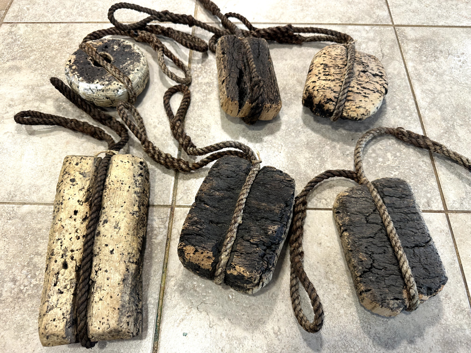 Lot of 6 Vintage Cork Fishing Net Floats w/ Rope - Nautical Maritime Decor