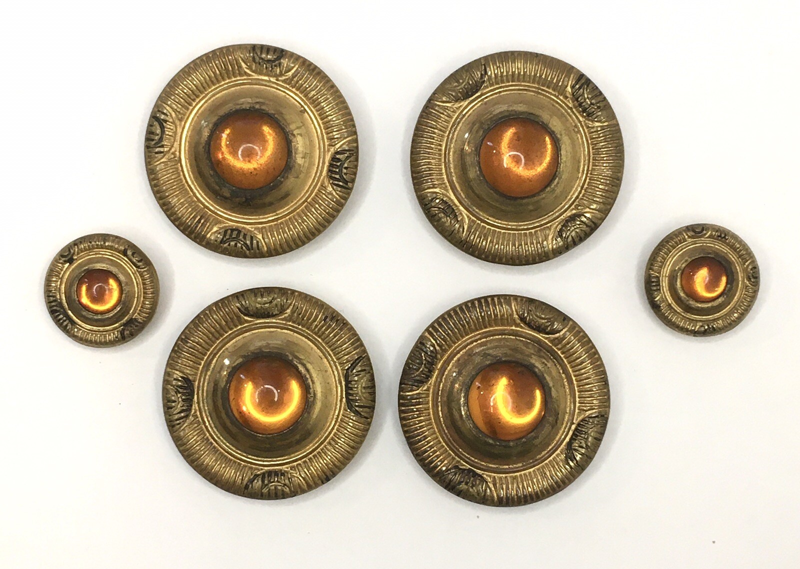 Antique Button Lot Gold Tone & Amber Colored Cabochon in Center 6pc