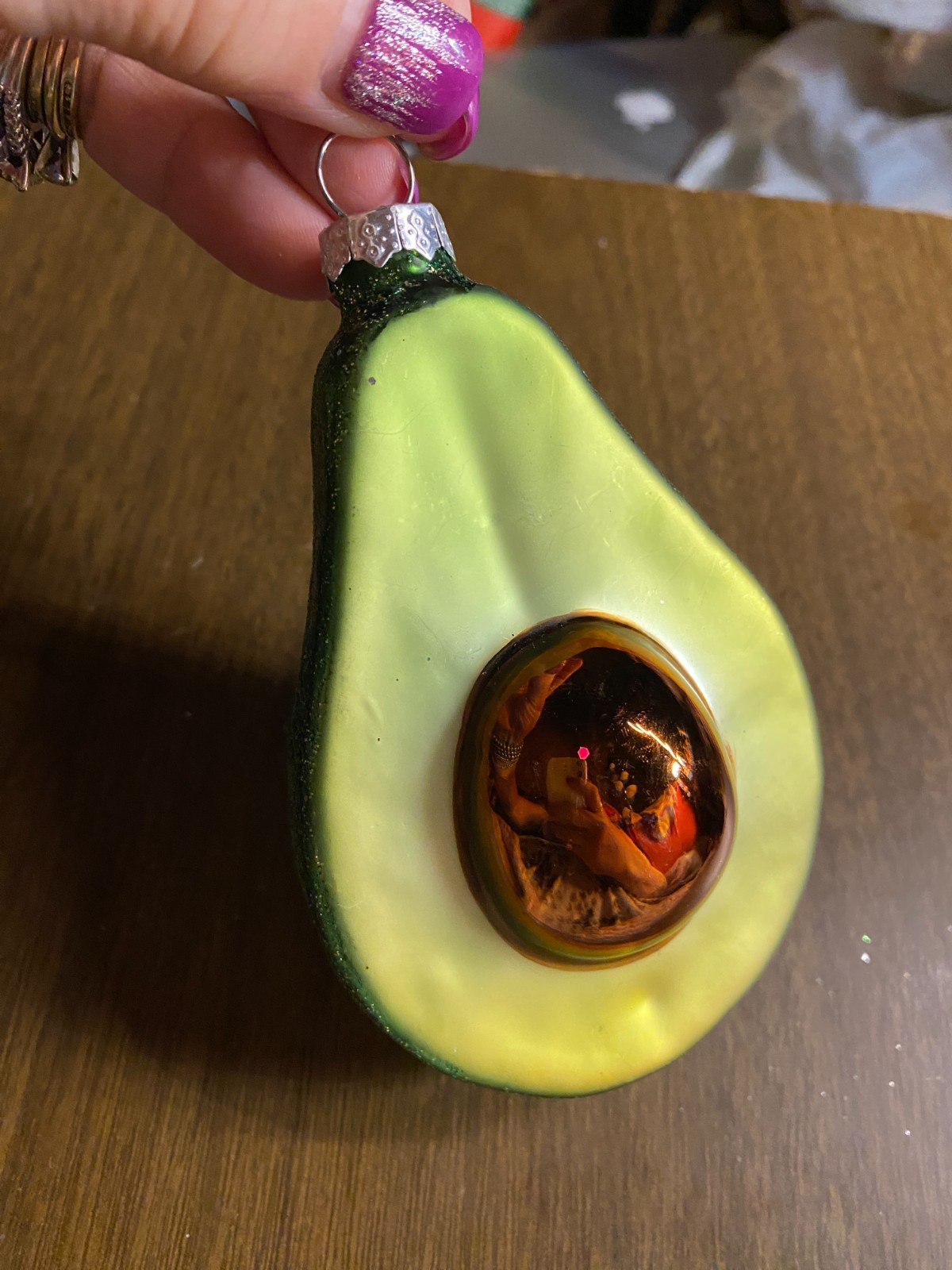 Blown Glass Green Sugared Avocado Christmas Ornament 4 3/4"
