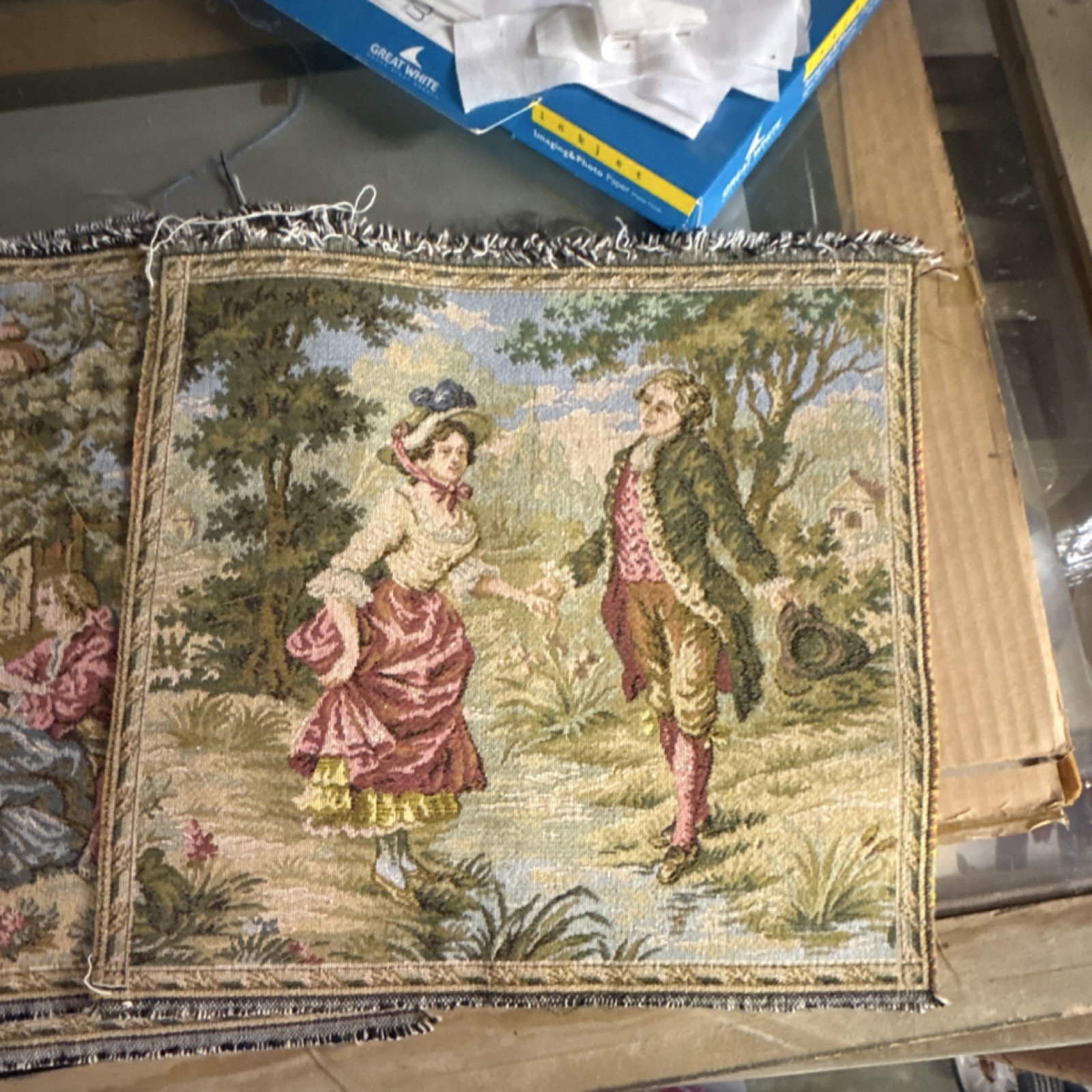 French Antique Romantic Scene Tapestry Made in France, Woven Wall Hanging