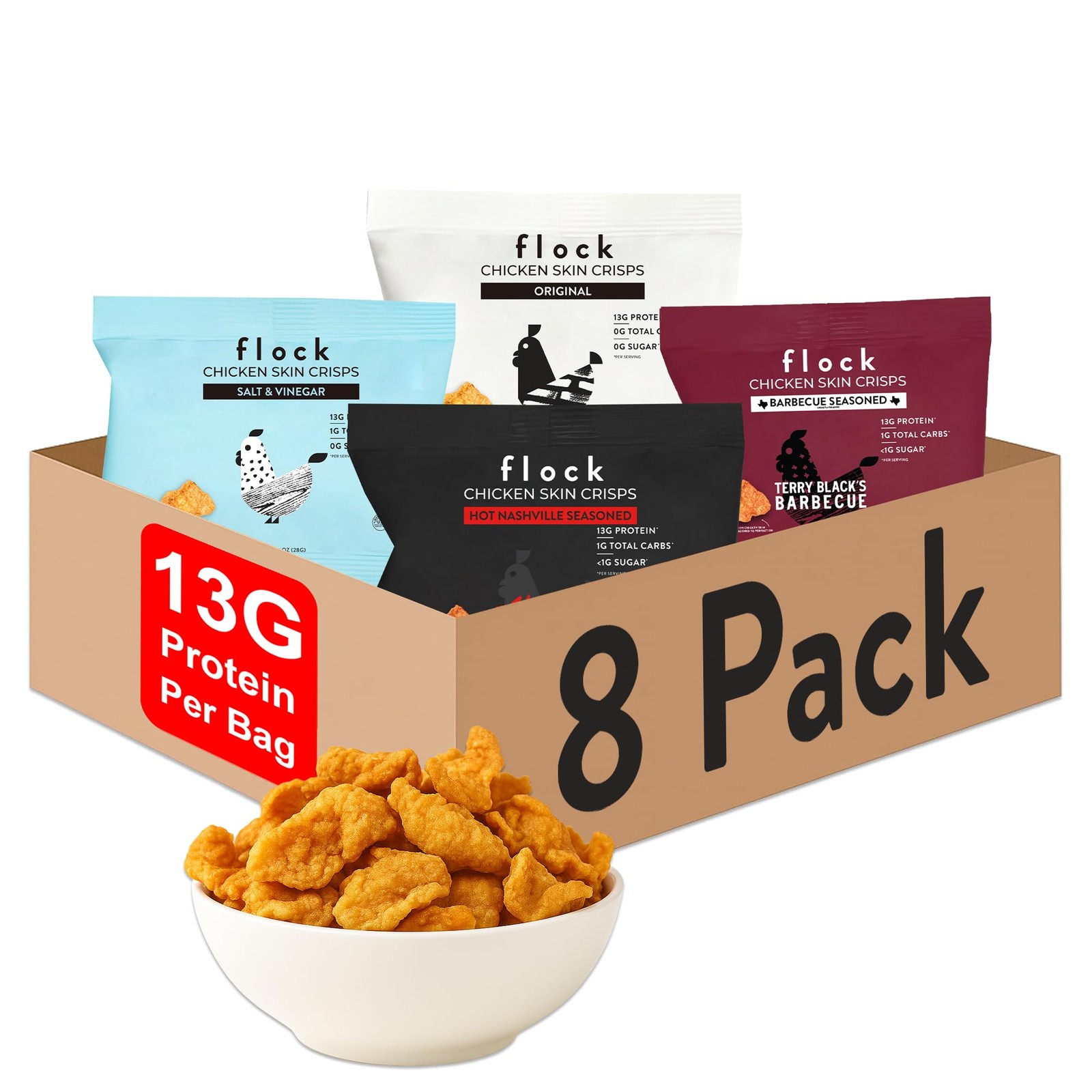 Flock Keto Chicken Skin Chips – 4 Flavors Variety Pack, Low Carb, High Protei...