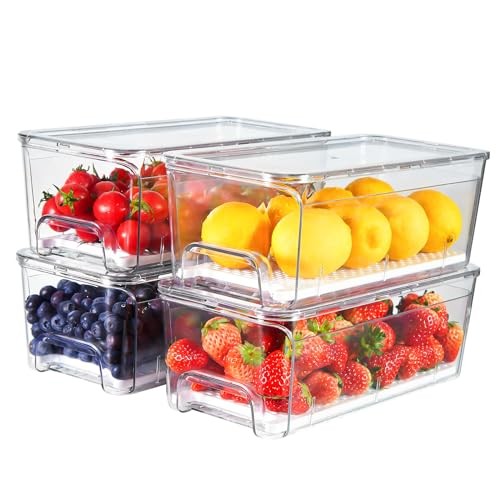 4-Pack Refrigerator Drawer Organizer Bins, Clear Stackable Pull Out 4 Pack