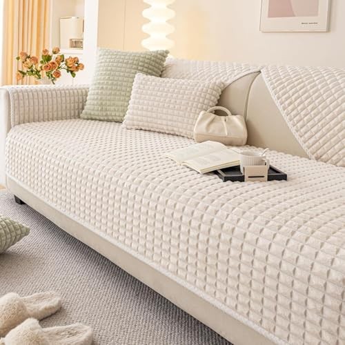 Velvet Couch Cover Sectional, Funny Fuzzy Pet 1PC/36"x94"/5-Seater Beige White