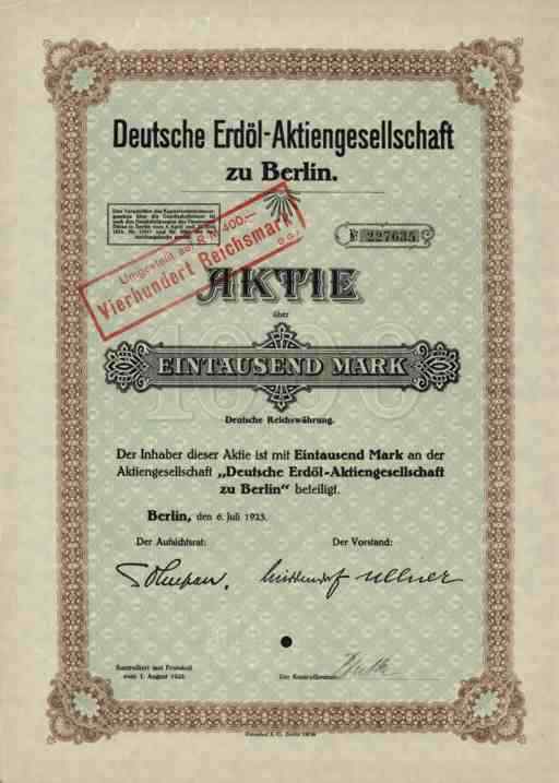 Deutsche Erdöl AG DEA 1923 SHELL Hamburg Mannheim Leipzig 1000 Mark Texaco RWE