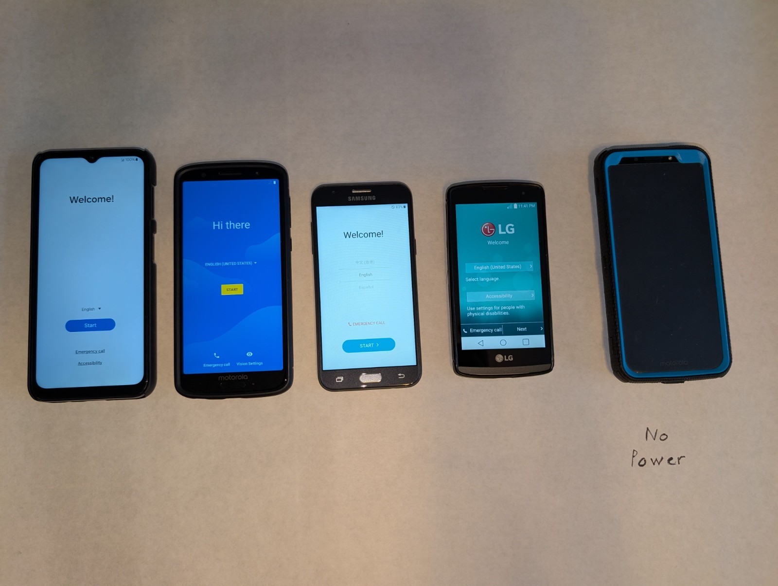 Lot of 5 Android Tracfone smartphones: Samsung, LG, Moto: 4 Power On,1 For Parts