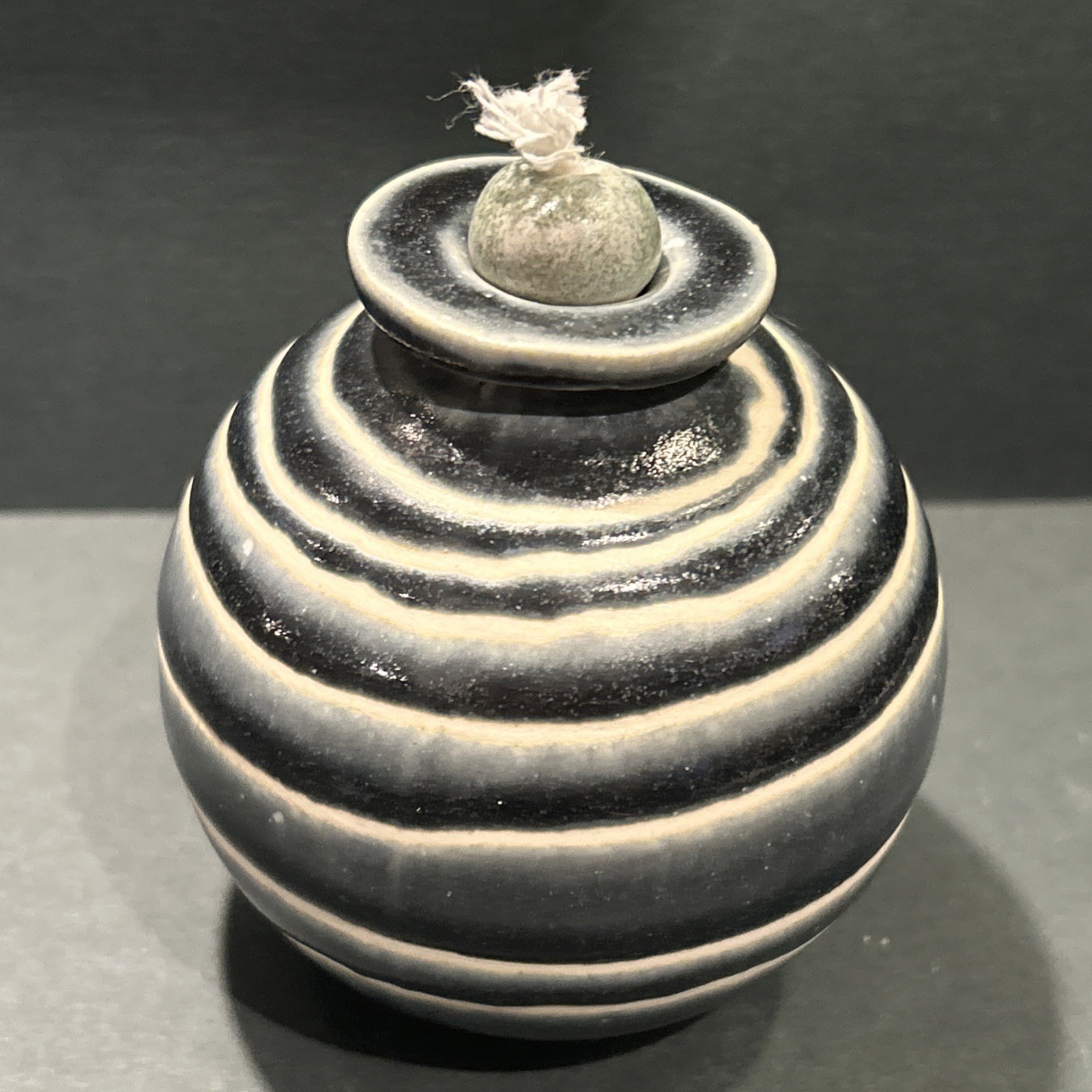 Art Pottery Round Swirl Stripe Glazed Blue White Contemporary Oil Lamp Burner