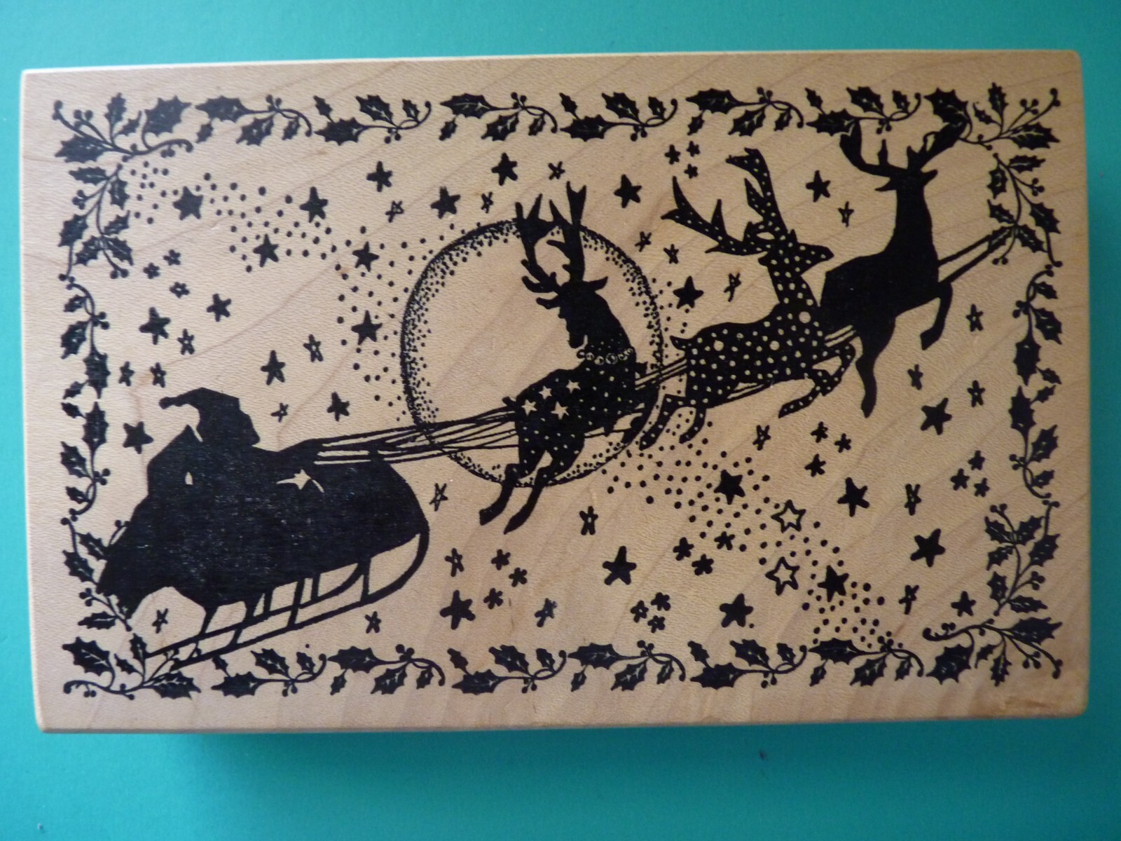 Santa Claus & Reindeer in Flight, XL MAGENTA Rubber Stamp