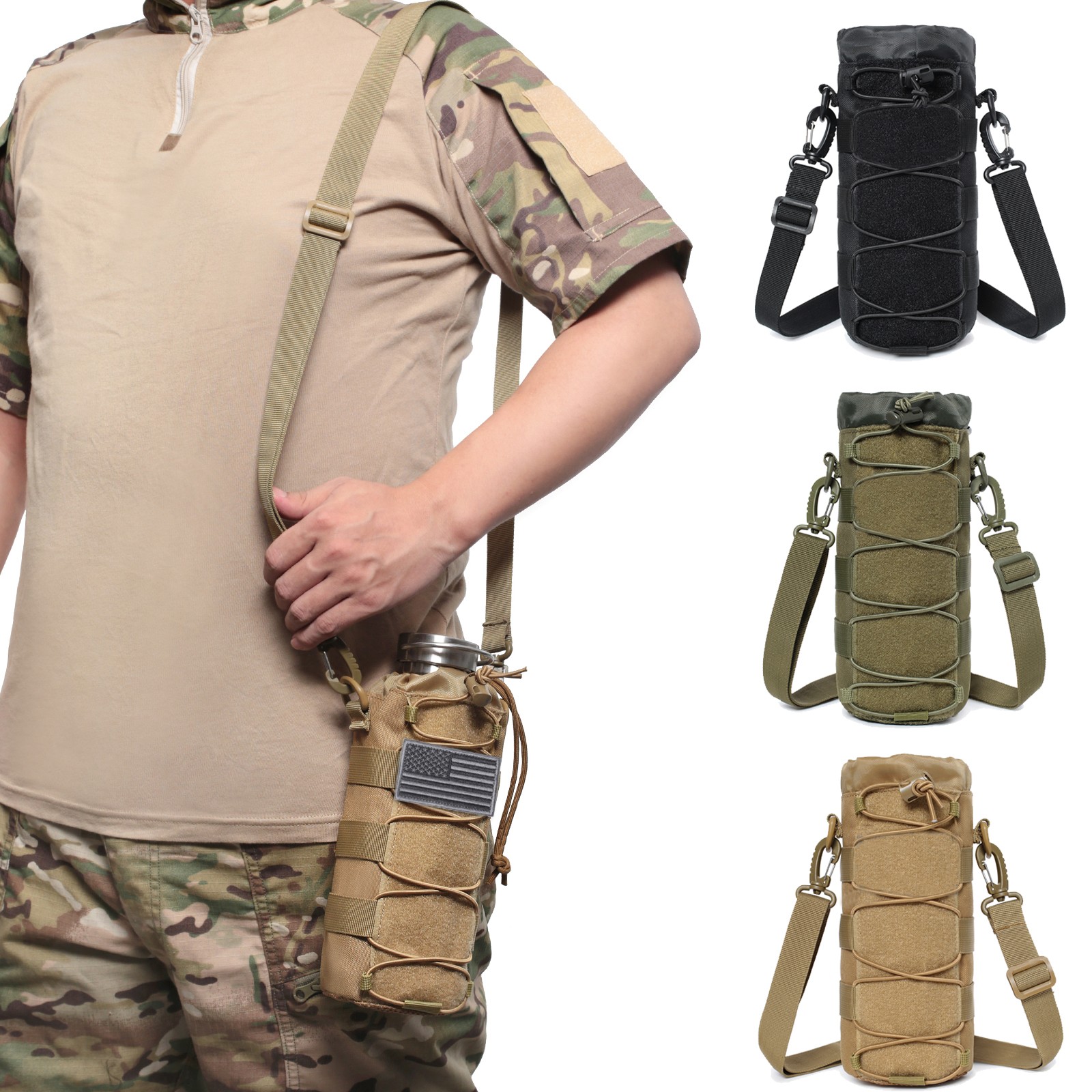 Tactical MOLLE Water Bottle Carrier Pouch Holder Carry Bag with Shoulder Strap