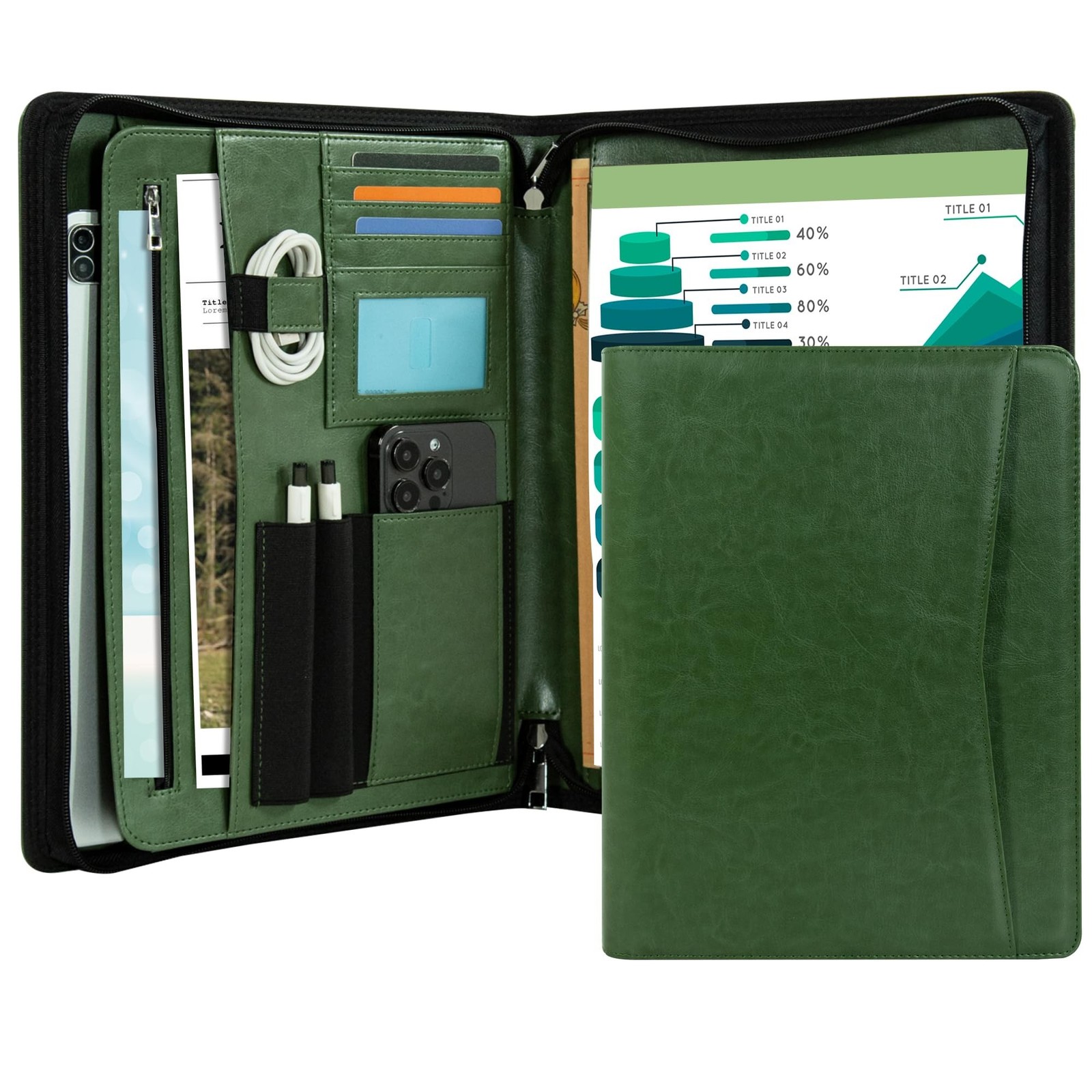 Calfinder Portfolio Folder with Zipper,Leather Padfolios for Women&Men,Profes...