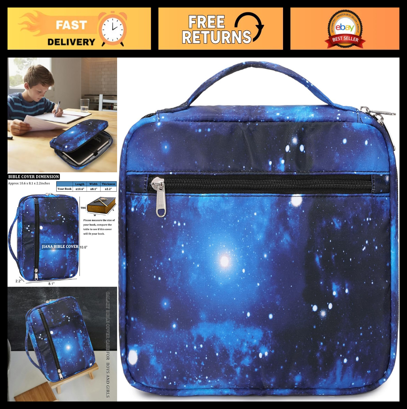 Kids Bible Cover Case - Durable Church Bag with Handle & Zipper Pocket for Boys