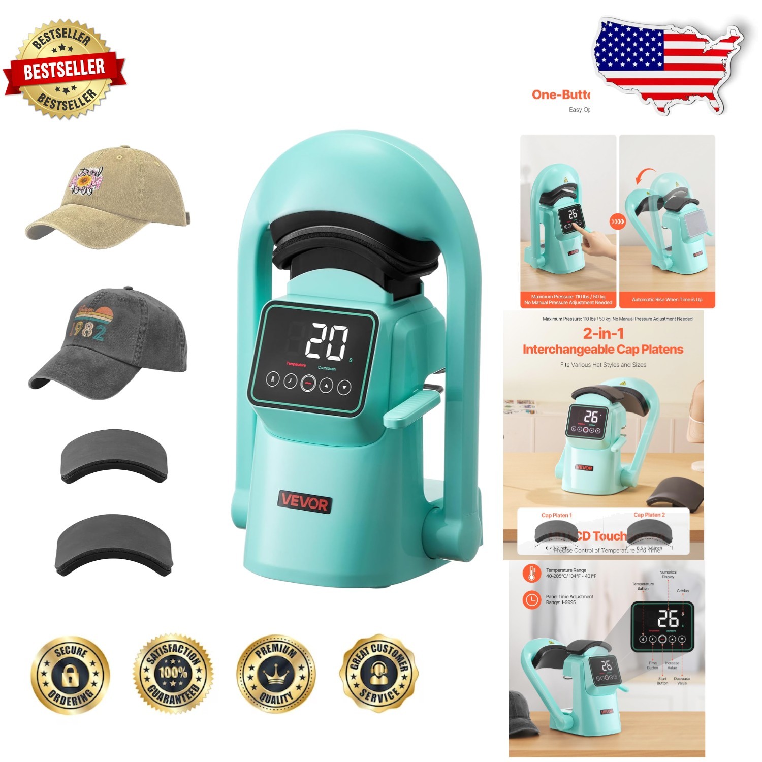 Pro Auto Hat Heat Press 2 Platens Touchscreen Precise Temp Control Green