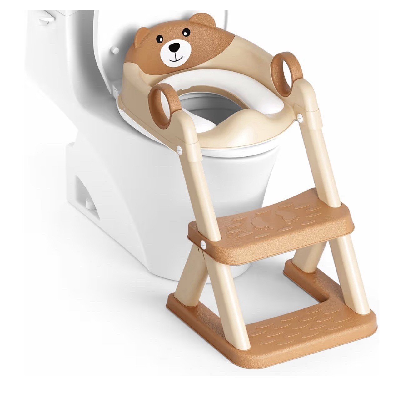 Bear Design Potty Training Seat with Adjustable Step Ladder, Beige Brown