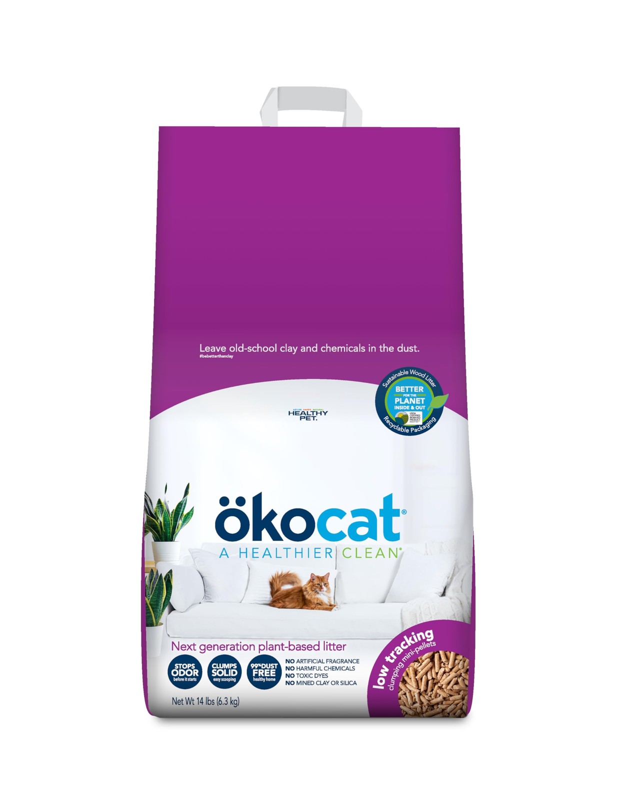 Wood Clumping Cat Litter 14 lbs Unscented Dust Free Long Hair Breeds kocat Less