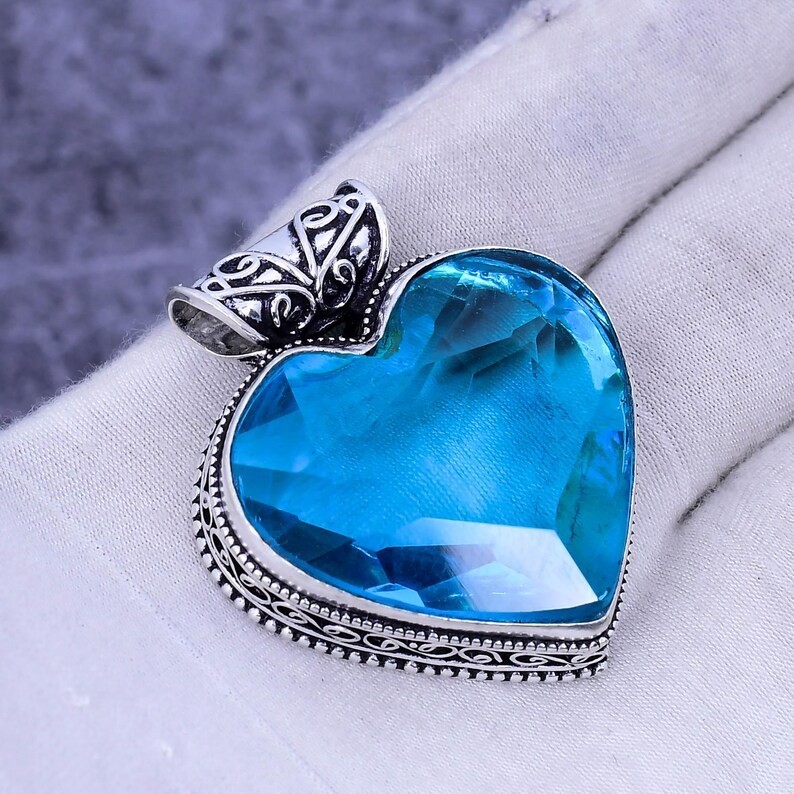 Blue Topaz Gemstone Handmade 925 Sterling Silver Jewelry Pendant Sz-2.2''