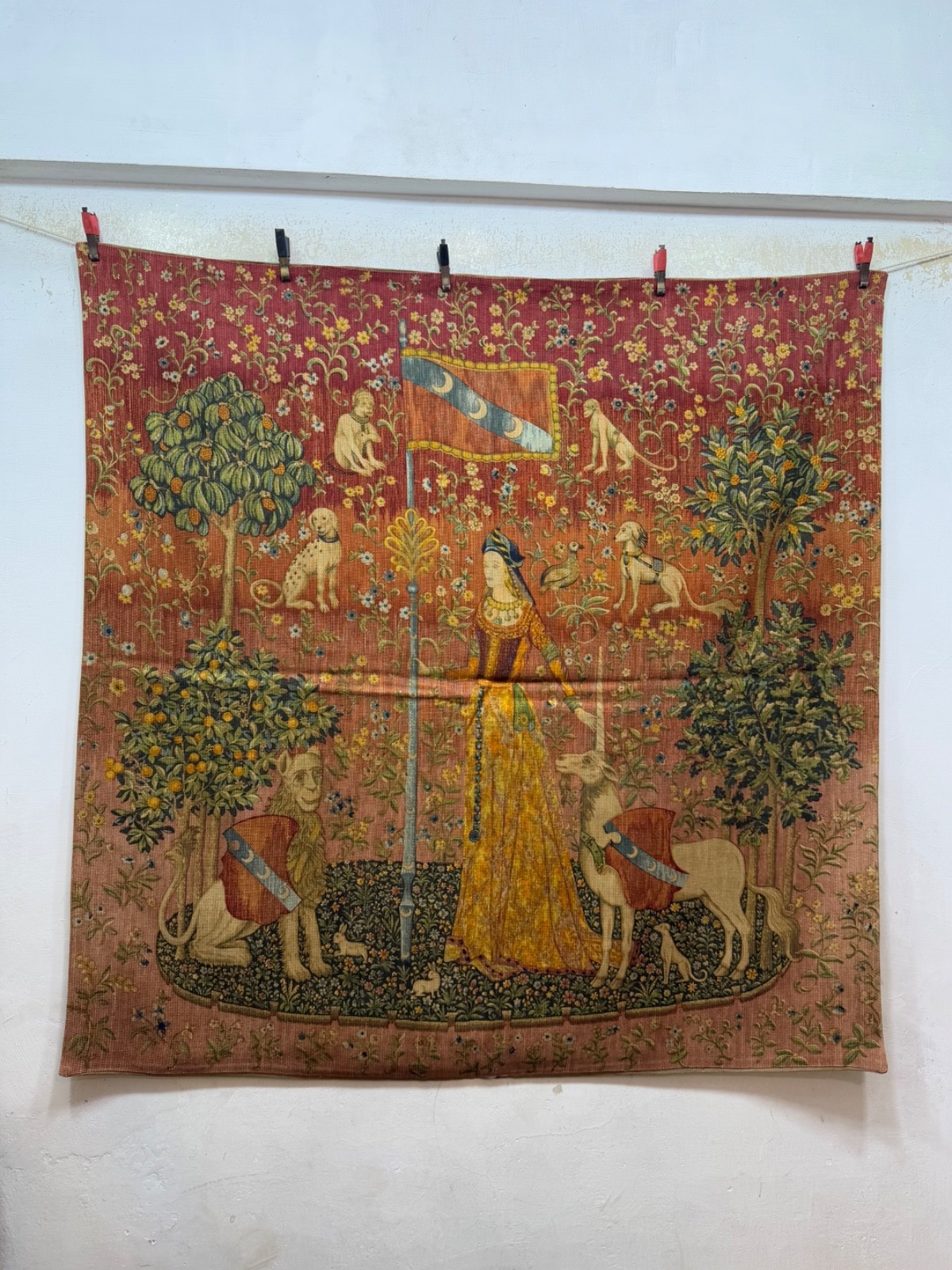 Vintage Fabulous French Aubusson Style Hand Printed Tapestry Pictorial Figurativ