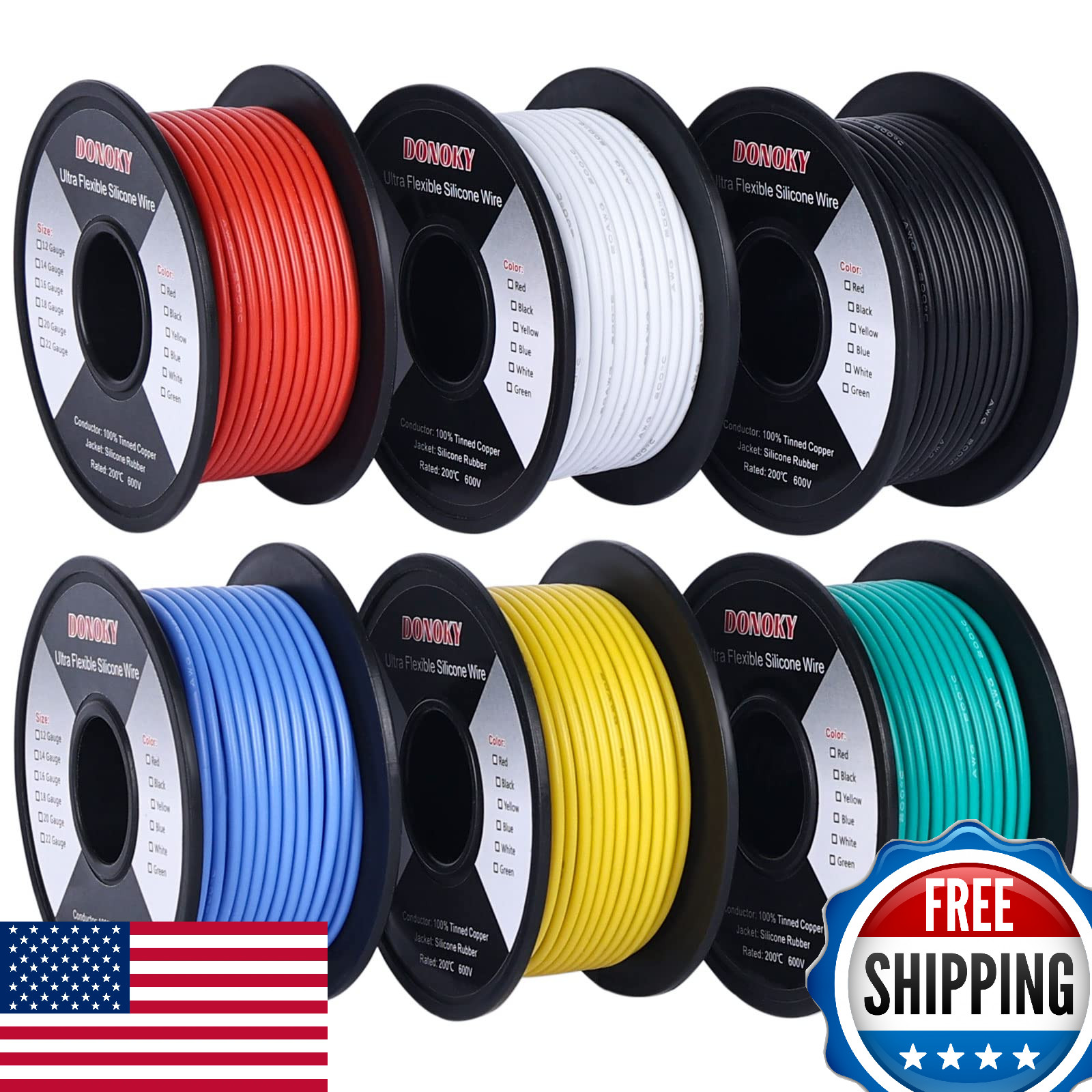 DONOKY 22 AWG Stranded Silicone Electrical Wire 360FT - 6 Colors Flexible