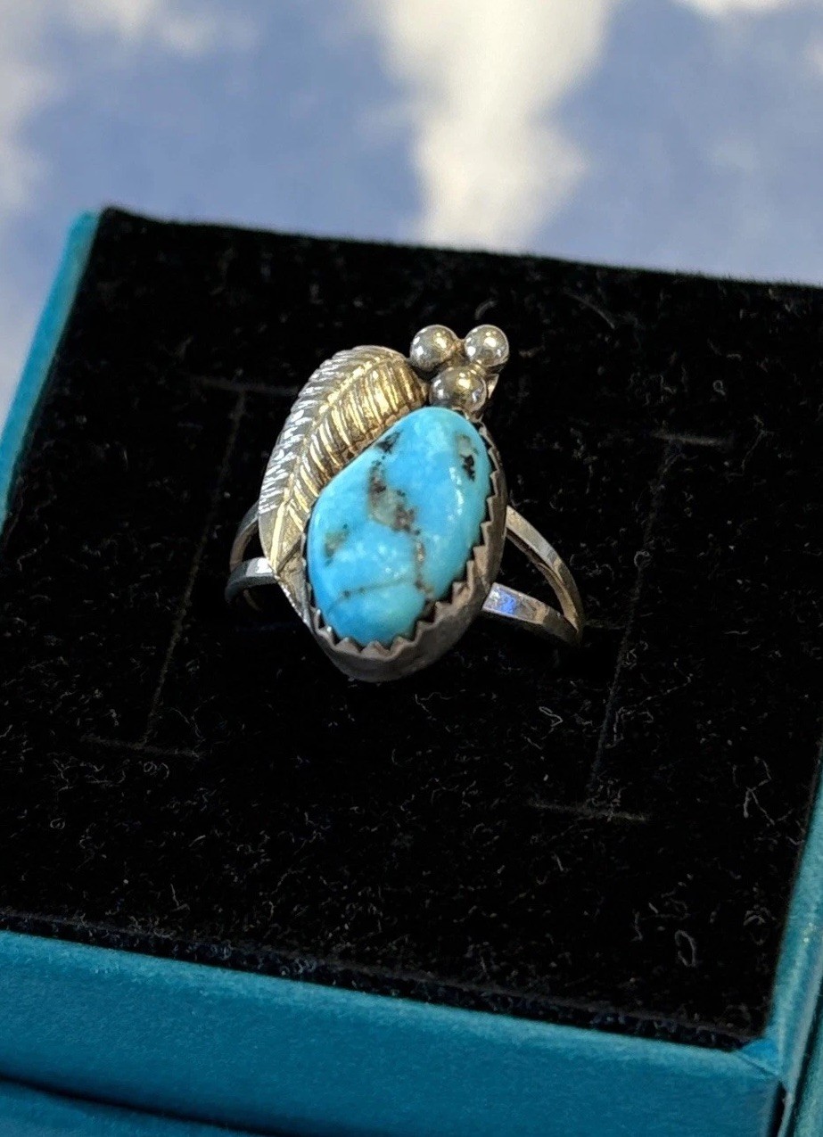 Navajo SIGNED Sterling Silver Turquoise Berry Orb Squash Blossom 925 Ring 5.25