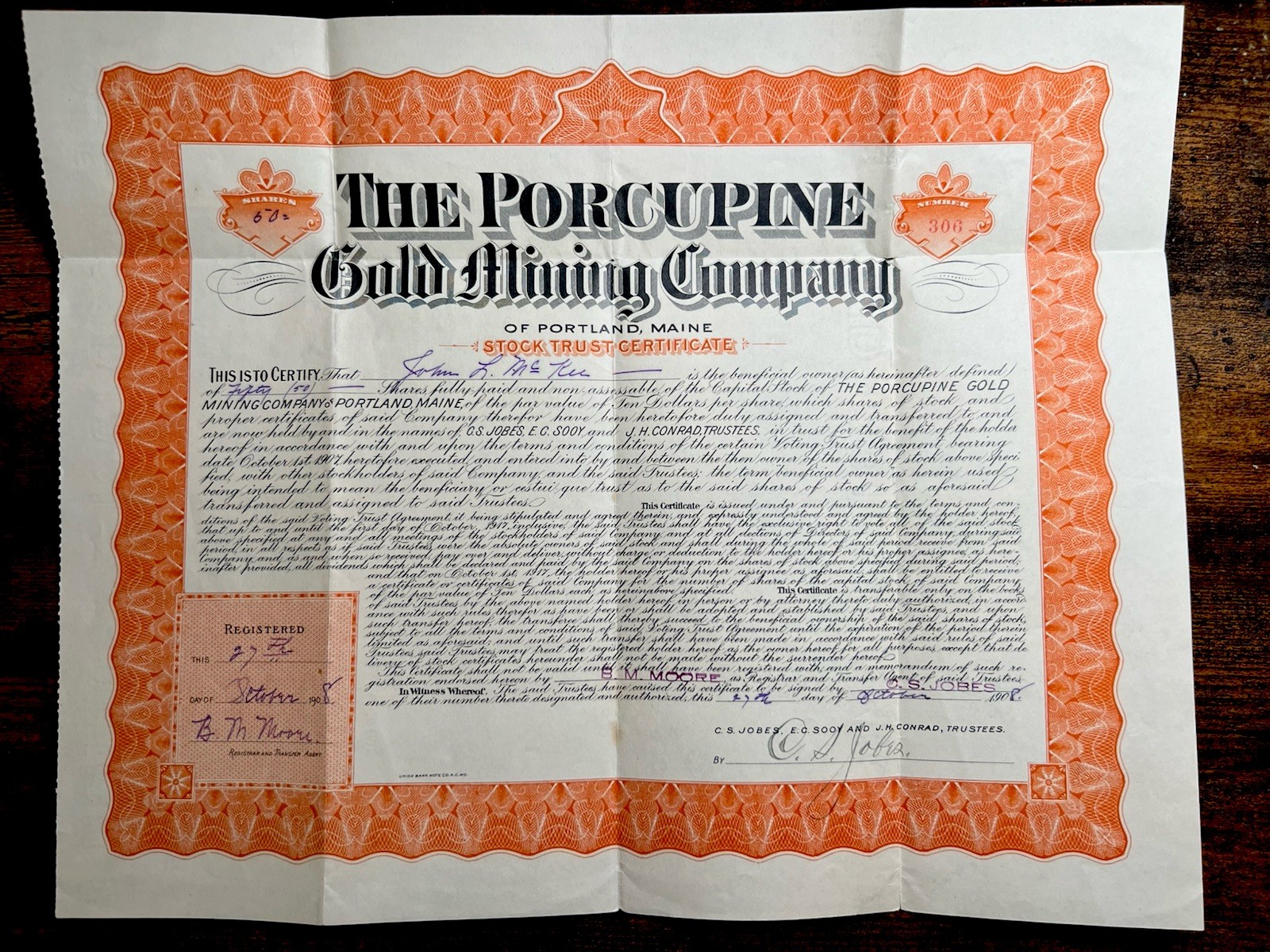 ⛏️💰 1908 The Porcupine Gold Mining Co Stock Trust Certificate 60 Shares