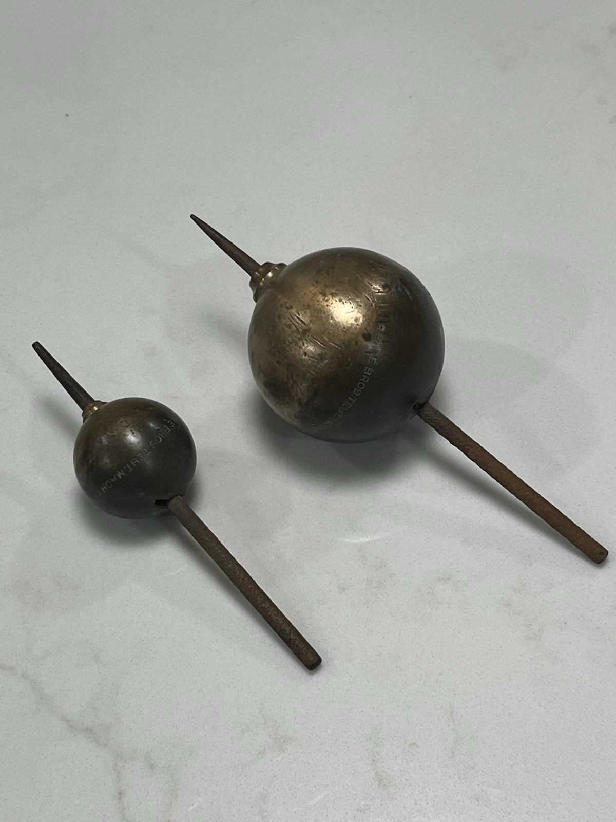 Antique Riehle Scale Tensile Testing Brass Balls Weights Pair Vintage Display