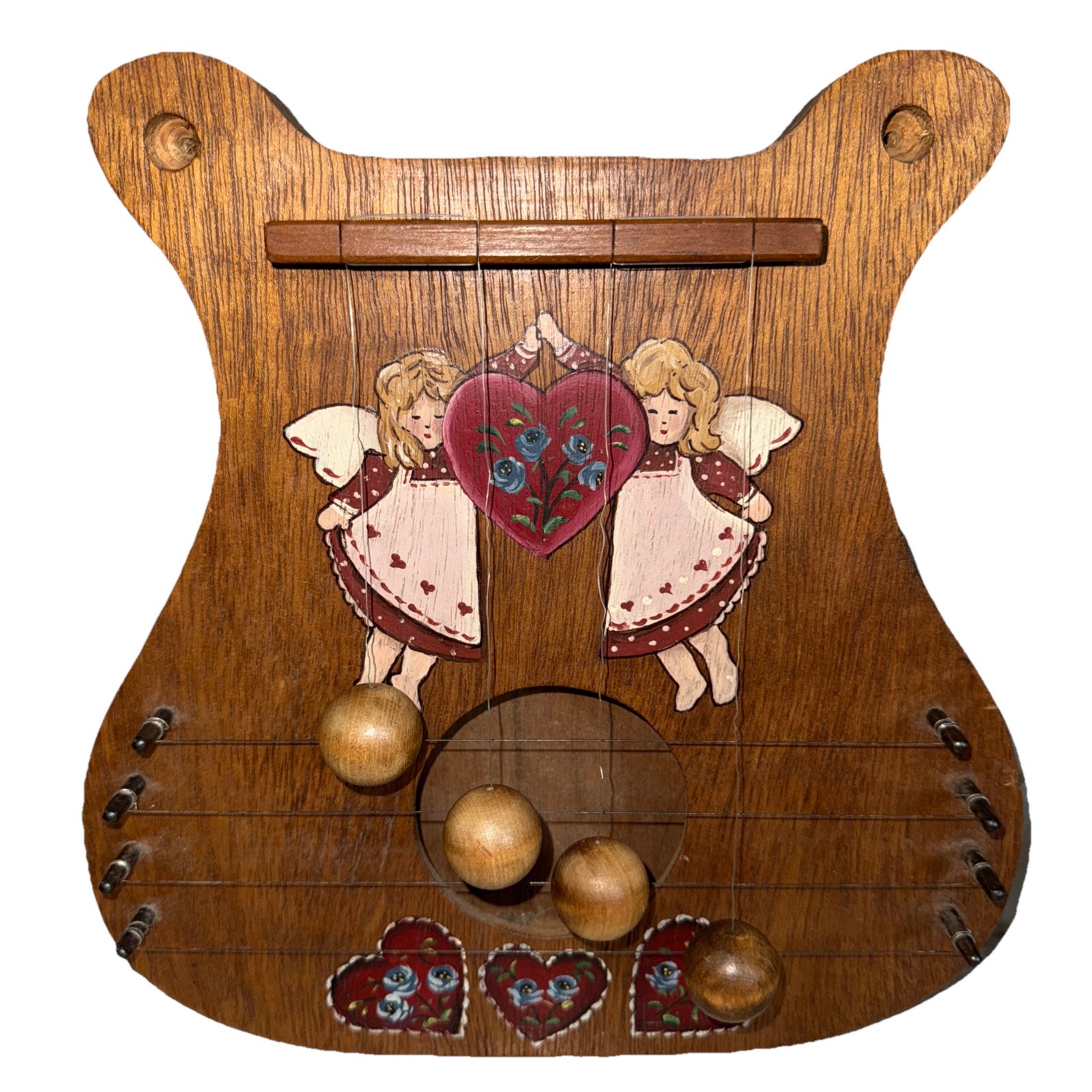 Vintage Wood Door Harp Chime 4 String Hand Painted Angels Hearts Cottage