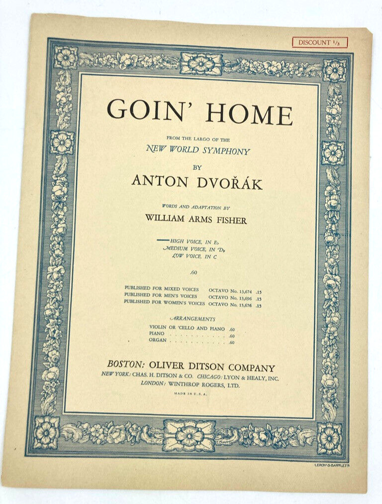 Antique Sheet Music 1922 “Goin’ Home” Anton Dvořák Largo from New World Symphony