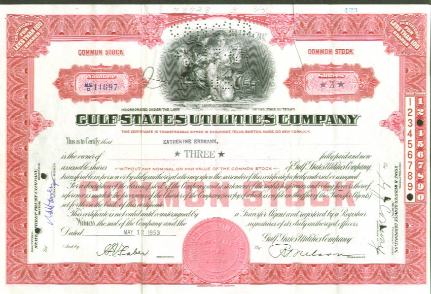 Gulf States Utilities Company Stock Certificate 1953