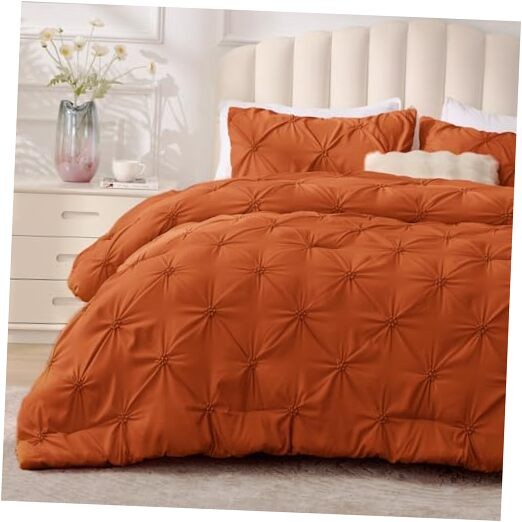  Queen Comforter Set - 3 Pieces Boho Pintuck Queen(88"x88") Burnt Orange