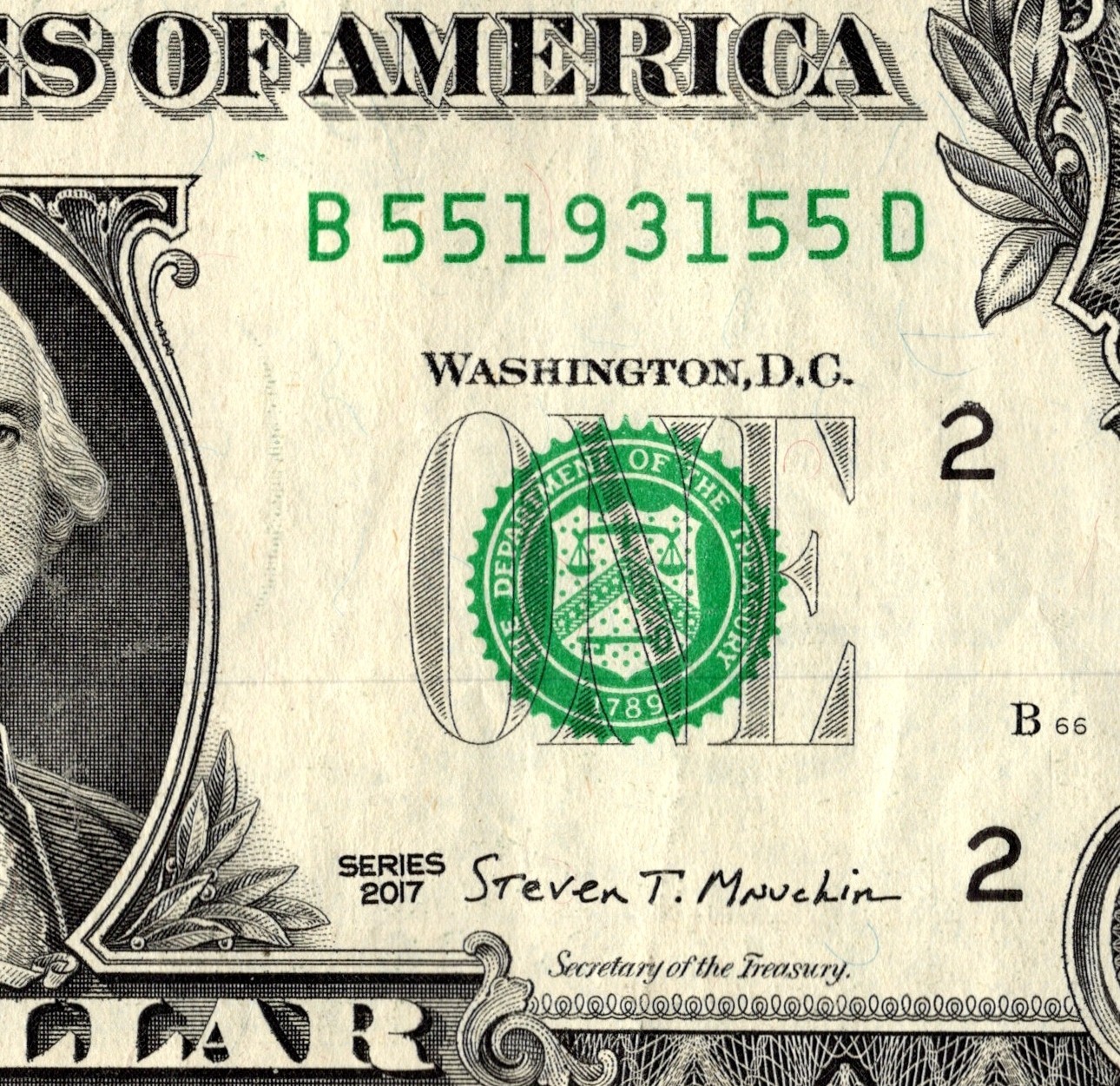 Bookend pair Fancy Serial Number One Dollar Bill B5519315D