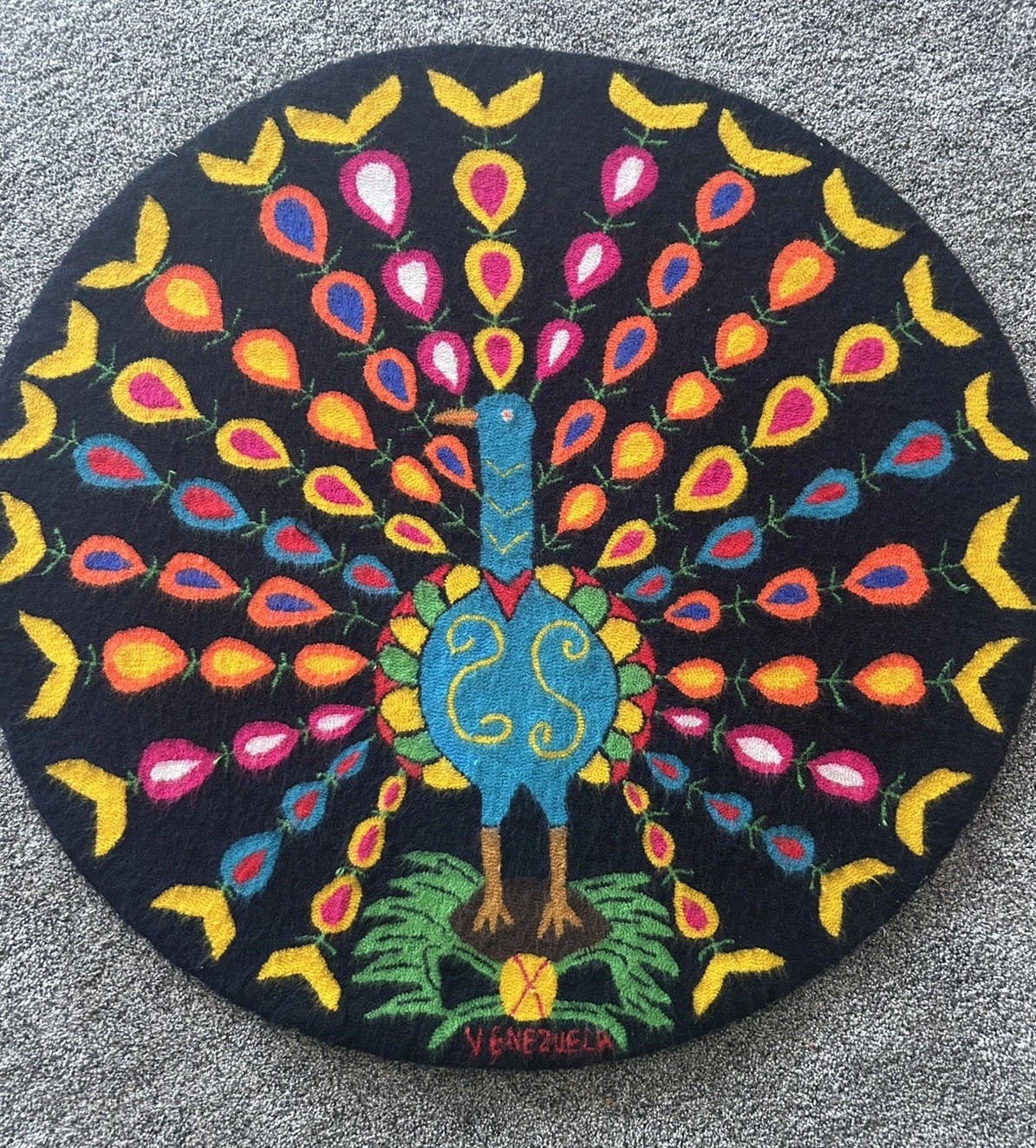 Vtg Handmade Venezuelan Peacock Rug 39” Round Bright Colors Wall Hanging Boho