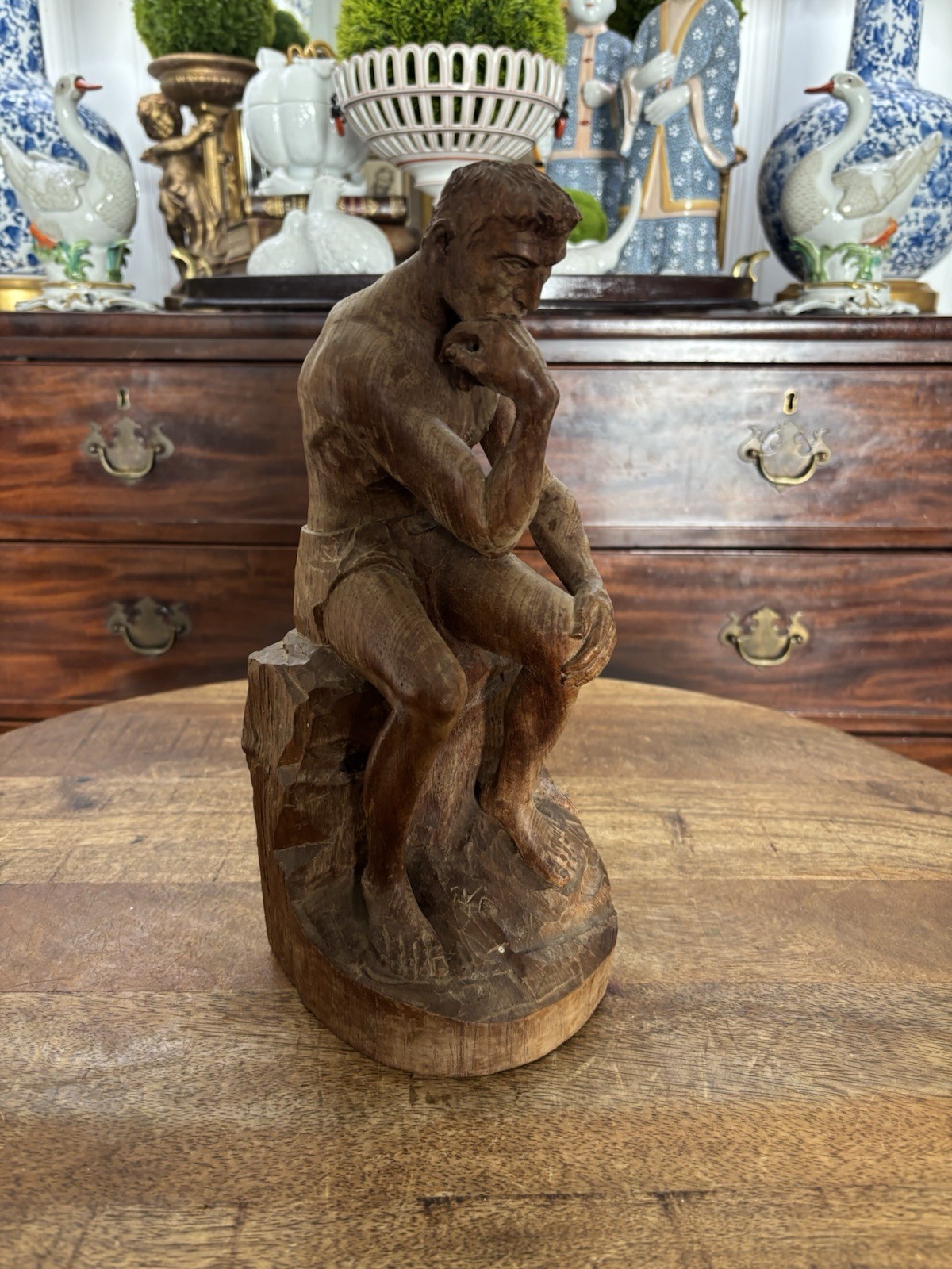 Vintage Wood Carving 13” The Thinker Statue Bookend Decorative Decor