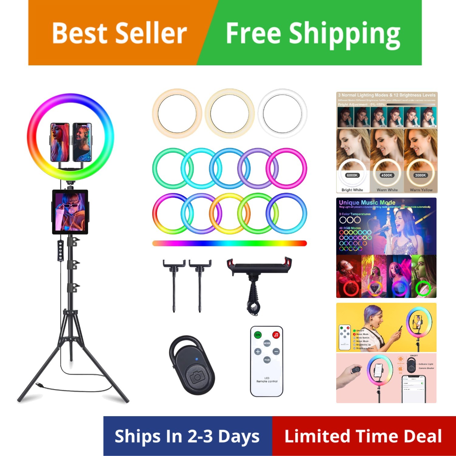 13" Selfie Ring Light with 76" Tripod Stand & 3 Phone Holder, LED Camera Ring...