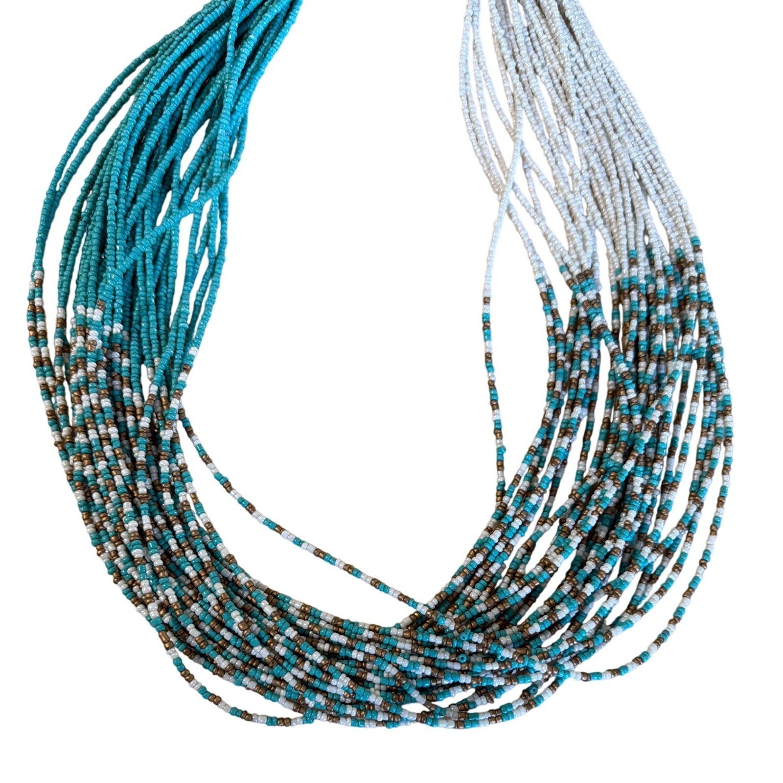 Turquoise White Bronze Multi Strand Seed Bead Statement Necklace Boho Coastal