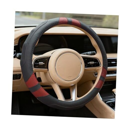  Car Steering Wheel Cover, Genuine Leather Soft Grip Vehicle Steering Black/Red