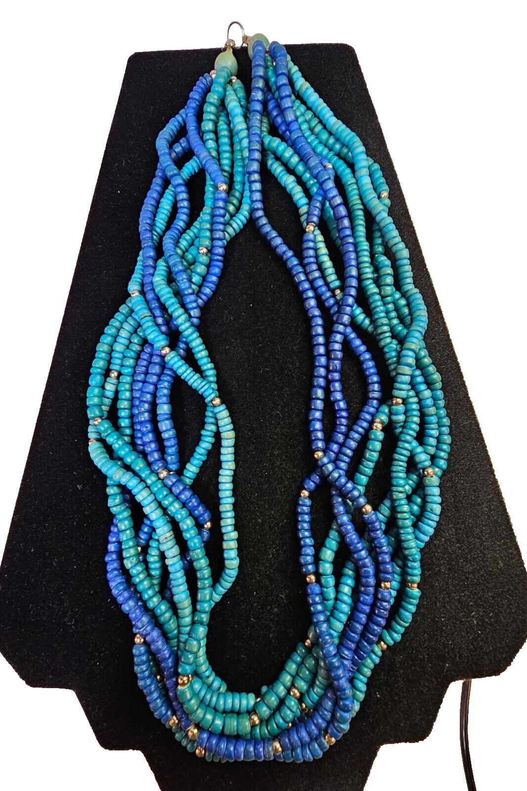 Vtg beaded necklace 8 strands boho tribal blue cobalt statement 24in"- B10